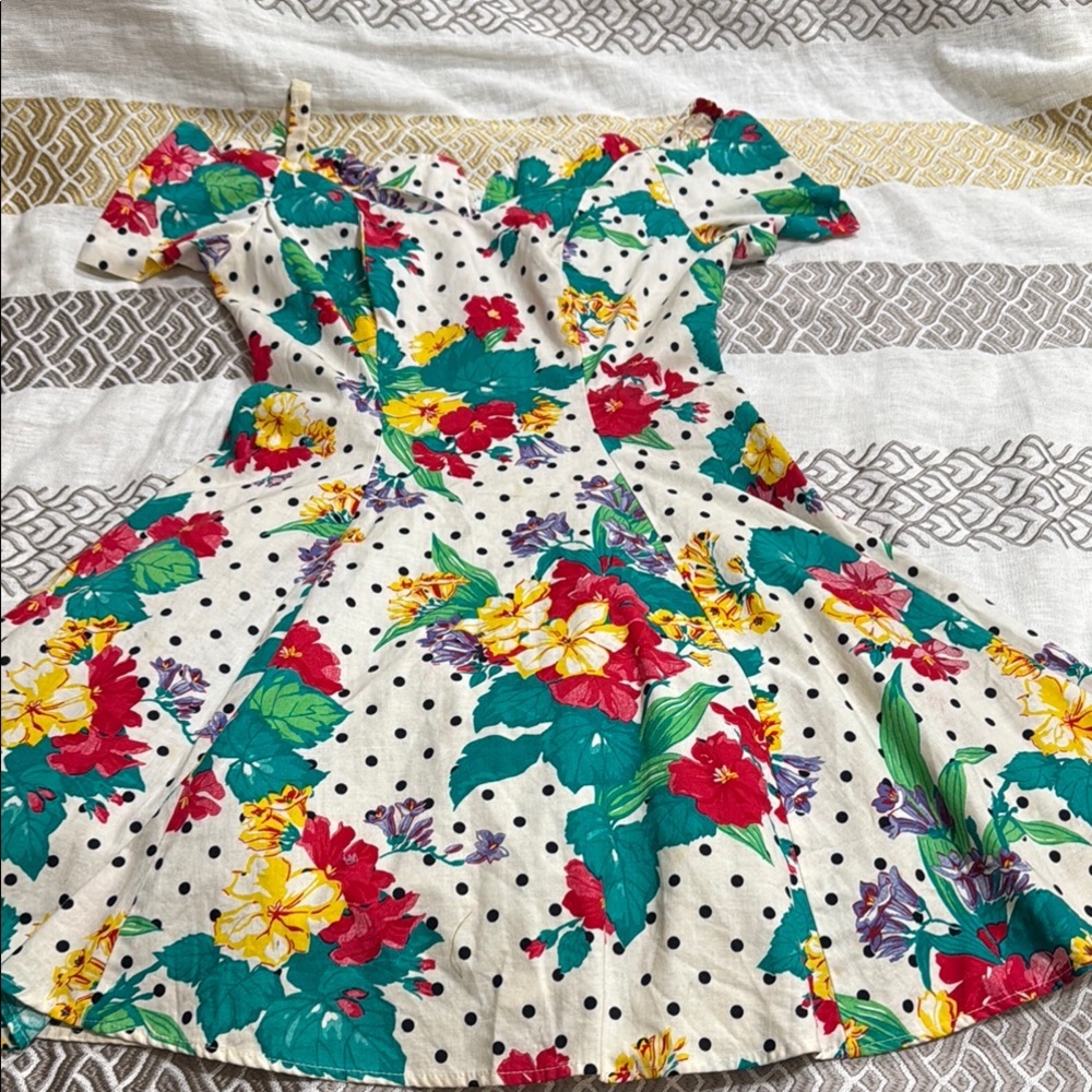 (T2) Benson & Smith 80s Vintage Bohemian Floral Print Cream Cotton Dress, Size 9 - Picture 8 of 14